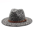 Classic leopard print wool fedora hat with studded brown faux leather band and flat brim - M (56-58cm) / Gray