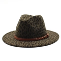 Retro wool leopard print wide brim fedora hat with brown studded leather band detail - M (56-58cm) / Army Green