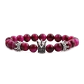 Men's 8mm rose red tiger eye stone beaded bracelet set with silver crown charms - Rose Red Tiger Eye Crown