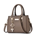 Dark brown pebble leather tote bag with gold hardware and elegant pearl charm - Khaki With Pearl Pendant