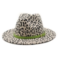 Chapeau Fedora classique à motif léopard avec ceinture verte et boucle dorée - M (56-58cm) / Poche zippée