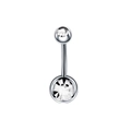 Macro view of a silver stainless steel belly ring with double round clear gemstones - Steel with Stone
