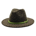 Chapeau fedora en laine léopard marron avec bande en cuir vert et boucle dorée - M (56-58cm) / Vert Militaire