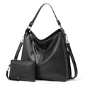 Women's black pebbled PU leather tote and coin purse set with gold hardware - Two-Piece Set / Black