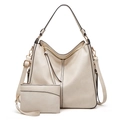 Close-up of beige leather tote bag with vertical stitching and matching pouch detail - Off-white Set
