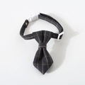 Detail view of adjustable pet collar showing gray and yellow plaid bow tie and buckle - Dark Grey Plaid Necktie / S (17-32cm)