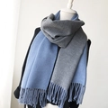 Thick dual-color scarf in grey and blue with tassels, made of warm cashmere-like fabric - Haze Blue + Grey