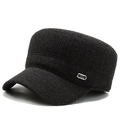 Men's winter flat top hat in dark grey tweed with ear flaps and side metal detail - Adjustable / Gray