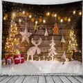 Weihnachts-Wandteppich mit Vintage-Holzwandmuster und festlichen Feiertagsdekor-Elementen - 191118-5 Retro Holz Weihnachten