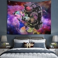 Detalle de tapiz decorativo de astronauta y medusas en un dormitorio moderno y acogedor - 300x180cm / Astronauta Nebulosa (9)