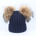 Dark blue knit beanie for kids featuring two large fluffy brown faux fur pom poms - Double Pom Pom Hat / Navy Blue