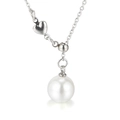 Silver stainless steel necklace featuring small heart charm and white pearl pendant - White Pearl Style (KN109659-Z)