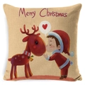 Linen Christmas pillowcase featuring a cute boy kissing a reindeer and Merry Christmas text - BZ0888-16 (Boy Kissing Reindeer)