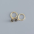 S925 sterling silver hoop earrings with black four-petal flower charms in gold finish - Golden Color (Black Zirconia)
