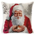 Linen Christmas pillow case featuring Santa Claus and robin bird illustration - BZ0888-28 (Santa and Robin Bird)