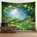 Tenture murale de forêt enchantée avec lanternes et champignons pour décoration - 230x150cm / Lumière de forêt de conte de fées (15) / Tons Vert Émeraude