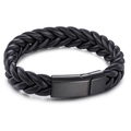 Minimalistisches schwarzes geflochtenes Lederarmband für Herren mit mattem Edelstahlverschluss - Schwarz (KB66833)