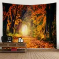 Tapisserie murale forêt d'automne avec feuilles dorées pour décor de dortoir - 150x130cm / Sentier forestier d'automne doré (2)