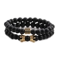 Set di bracciali in perline nere opache con corona dorata e dettagli in zirconi - Set da 2 pezzi Corona + Pilastro esagonale / Oro