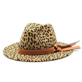 Classic leopard print fedora hat with brown leather band and vintage wool felt texture - M (56-58cm) / Camel