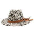 Retro leopard print wool felt fedora hat with brown leather band and cross buckle - M (56-58cm) / Beige