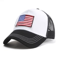 Detail of USA flag embroidery and mesh back on the two-tone trucker baseball cap - White with Black Brim