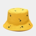 Close-up of coconut tree embroidery detail on vibrant yellow cotton bucket hat - M (56-58cm) / Yellow