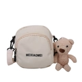 Minimalist cream crossbody bag with black lettering and a brown plush bear charm - White with Bear Charm