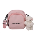 Pink nylon crossbody square bag with a cute white plush bear charm and adjustable strap - Pink with Shy Bear Charm