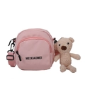 Pink minimalist crossbody bag with dual zipper compartments and bear plush charm - Pink with Bear Charm