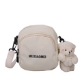 Beige nylon crossbody bag with cute teddy bear charm and adjustable black strap - White with Shy Bear Charm