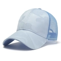 Close-up of the breathable light blue camouflage mesh and curved brim on the trucker hat - One Size / Blue