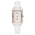 Detail of rose gold rectangular watch case with white dial and premium leather strap - White