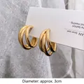 Elegant triple-layer golden C-shaped hoop earrings featuring 925 silver needles for women - C-Shape Multi-layer Style / Diameter approx. 3cm / Gold