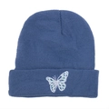 Detailed close-up of butterfly embroidery on a blue knitted beanie winter hat - M (56-58cm) / White Butterfly Blue