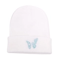 Close-up of white knit beanie featuring delicate light blue butterfly embroidery detail - M (56-58cm) / White Butterfly White