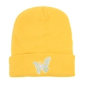 Detailed view of yellow ribbed knit beanie featuring delicate butterfly embroidery - M (56-58cm) / White Butterfly Yellow