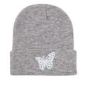 Detailed close-up of blue butterfly embroidery on a grey ribbed knit beanie hat - M (56-58cm) / White Butterfly Grey