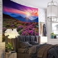 Detail of bedroom tapestry showing sunset mountain landscape and purple flower field - Style 6