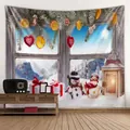 Christmas wall tapestry with snowman and gift box window scene for holiday home decor - 150x130cm / Style 4