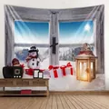 Christmas wall tapestry featuring a snowman, festive lantern, and gifts by a snowy window - 150x130cm / Style 3