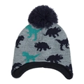 Close-up of kids dinosaur knit hat featuring warm fleece lining and ear protection detail - Navy Blue - No Label