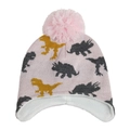 Close-up of pink knit baby hat with dinosaur pattern and soft fleece lining - M (1-3 Years) / Pink - No Label