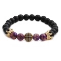 Men's beaded bracelet with matte black beads, purple natural stones, and golden crown charms - Imperial 4 (Purple Single)