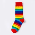 Rainbow striped crew socks with vibrant colors and contrasting red heel and toe accents - One Size / Red Ribbed Opening