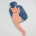 Blue faux rabbit fur hot water bottle cover featuring a cute pink cat plush decoration - Orange Cat