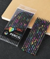 Macro detail of black wood pencils with holographic star patterns and colorful crystals - 12 Pcs/Box / C4132 Black Wood Pencil With Rhinestone