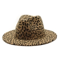 Detailed view of the leopard print fedora hat featuring a wide brim and premium felt texture - M (56-58cm) / Camel