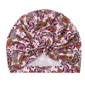 Detail of baby turban hat featuring pink floral paisley pattern and twisted rose knot - Light Pink