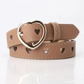 Brown PU leather belt for women with heart-shaped cutouts and a gold heart buckle - Khaki